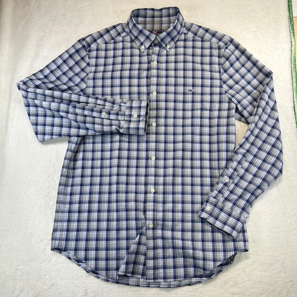 Preppy Vineyard Vines Performance Tucker Shirt Medium Coastal Blue Plaid Coastal
